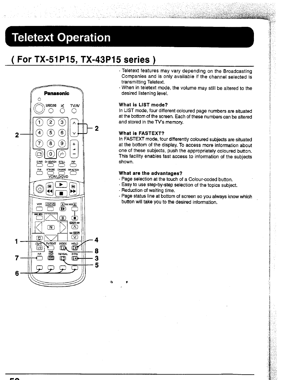 For tx-51p15, tx-43p15 series ), Teletext operation | Panasonic TC-43P15 User Manual | Page 50 / 59