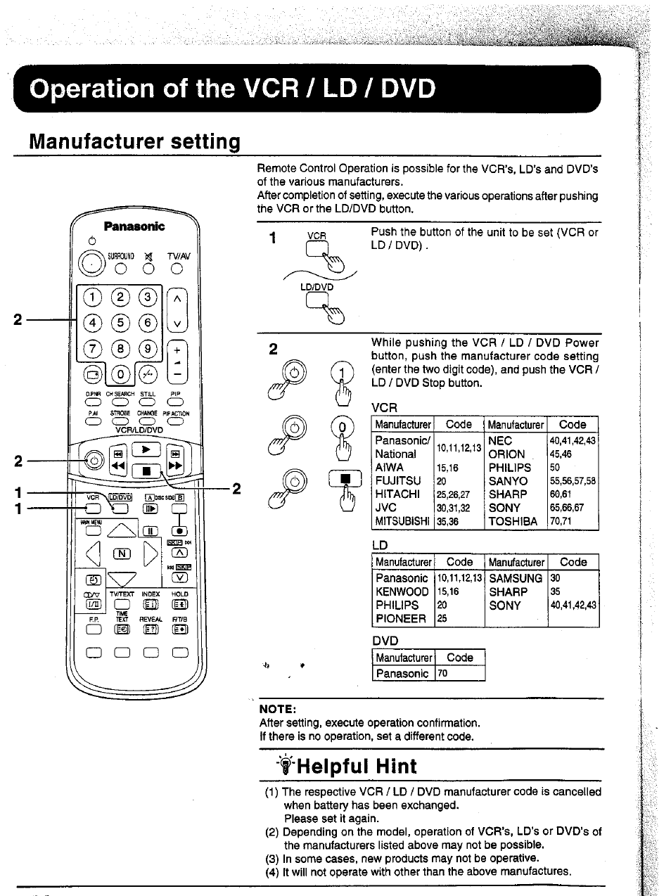 Manufacturer setting, F helpful hint, Operation of the vcr / ld / dvd | Helpful hint | Panasonic TC-43P15 User Manual | Page 54 / 59