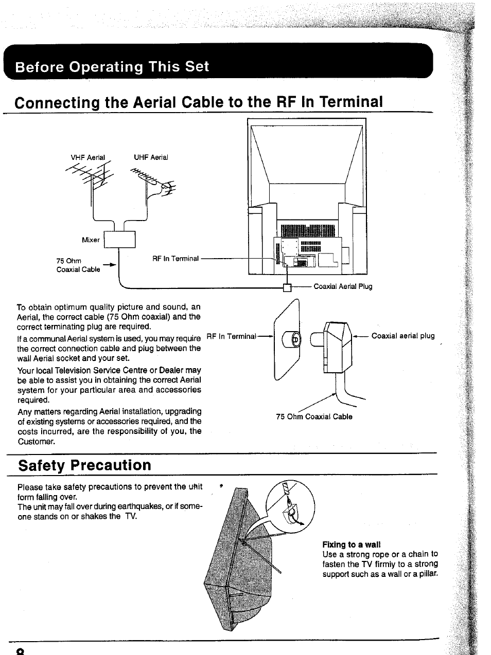 Connecting the aerial cable to the rf in terminal, Safety precaution, Before operating this set | Panasonic TC-43P15 User Manual | Page 8 / 59