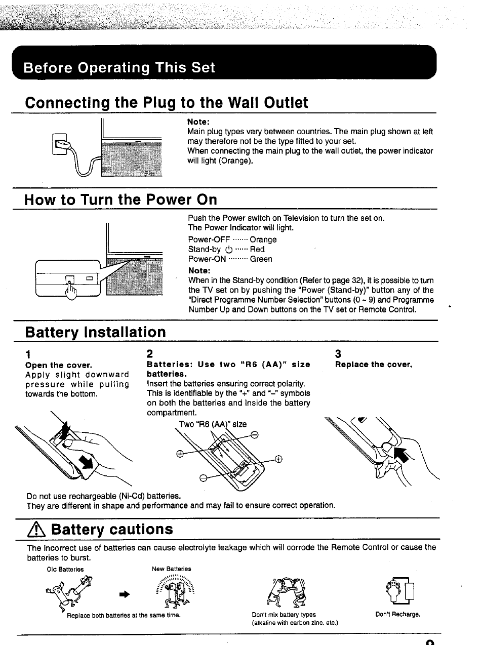Connecting the plug to the wall outlet, Note, How to turn the power on | Battery installation, Replace the cover, A battery cautions, How to turn the power on battery installation, Before operating this set, Battery cautions | Panasonic TC-43P15 User Manual | Page 9 / 59