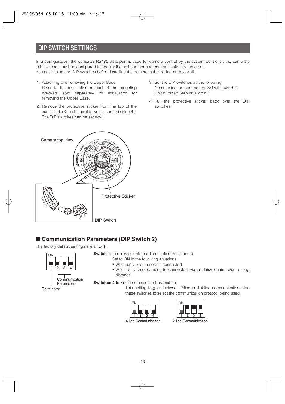 Dip switch settings, Communication parameters (dip switch 2), Camera top view protective sticker dip switch | Terminator communication parameters, Line communication | Panasonic WV-CW964 User Manual | Page 13 / 56