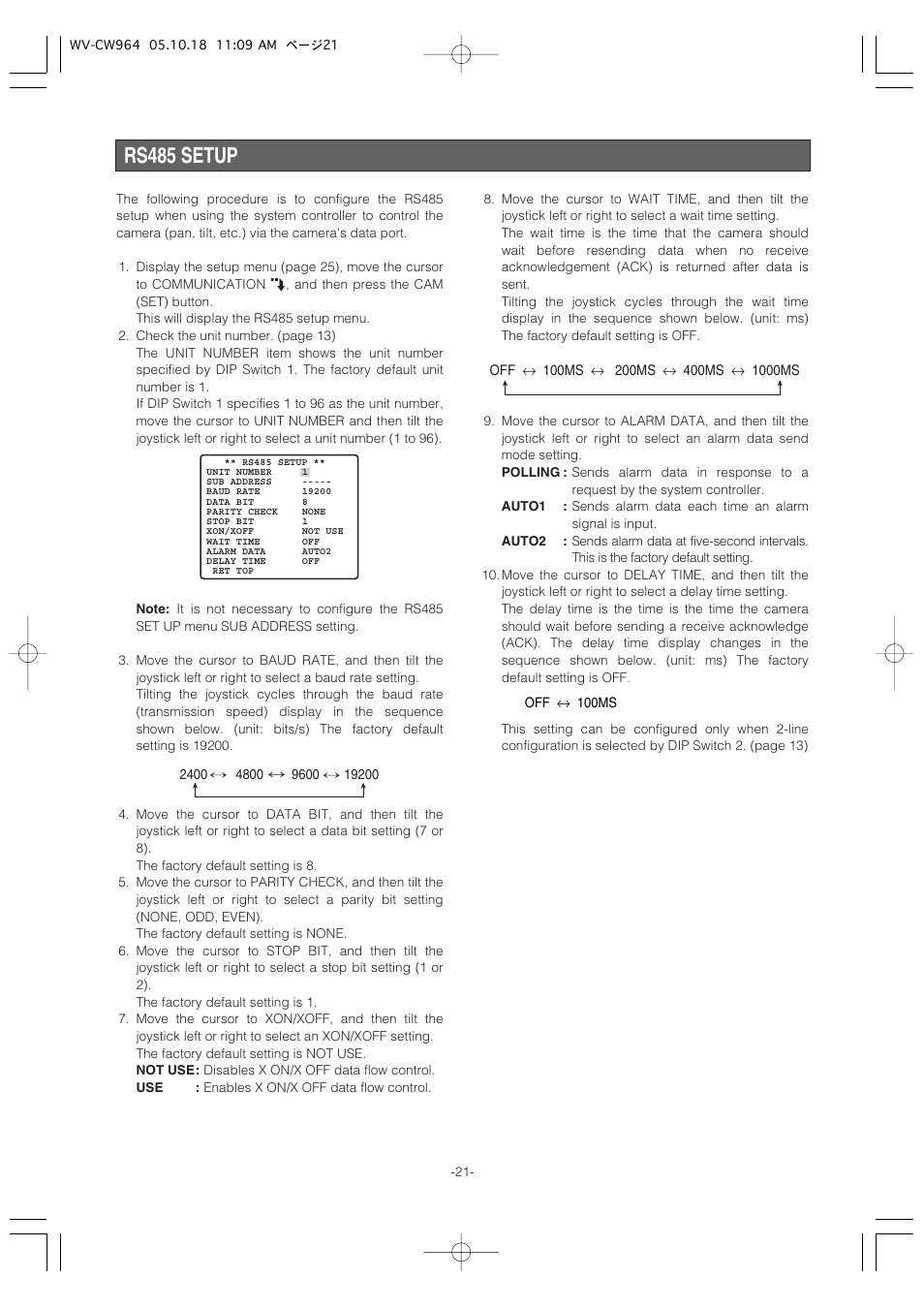 Rs485 setup | Panasonic WV-CW964 User Manual | Page 21 / 56