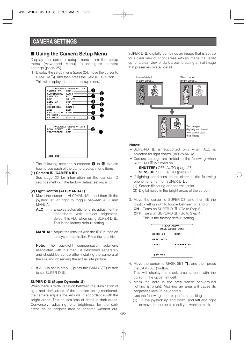 Camera settings, Using the camera setup menu | Panasonic WV-CW964 User Manual | Page 26 / 56
