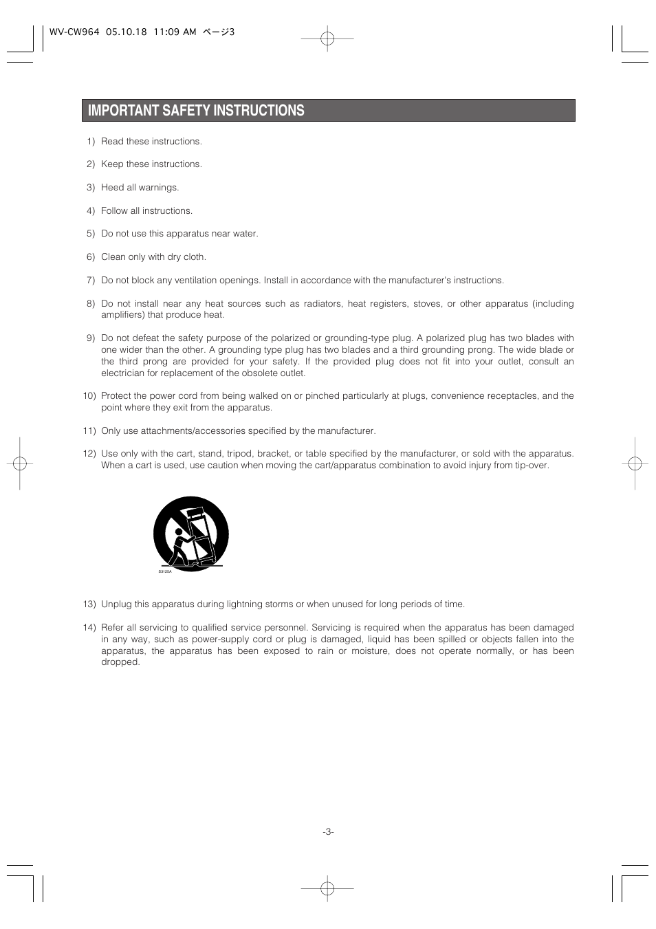 Important safety instructions | Panasonic WV-CW964 User Manual | Page 3 / 56