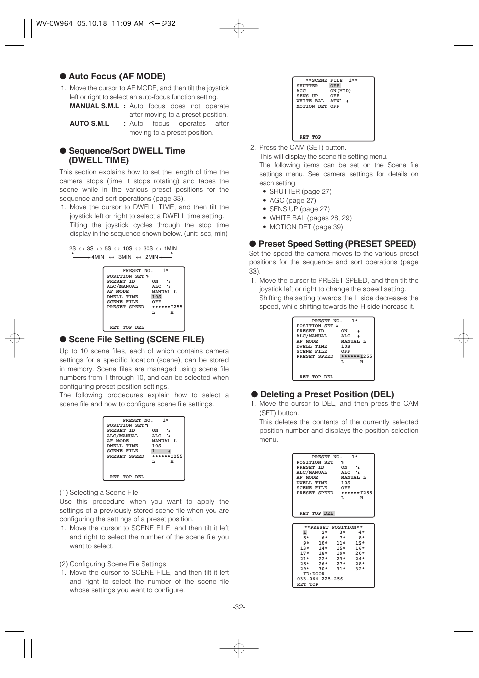 Auto focus (af mode), Sequence/sort dwell time (dwell time), Scene file setting (scene file) | Preset speed setting (preset speed), Deleting a preset position (del) | Panasonic WV-CW964 User Manual | Page 32 / 56