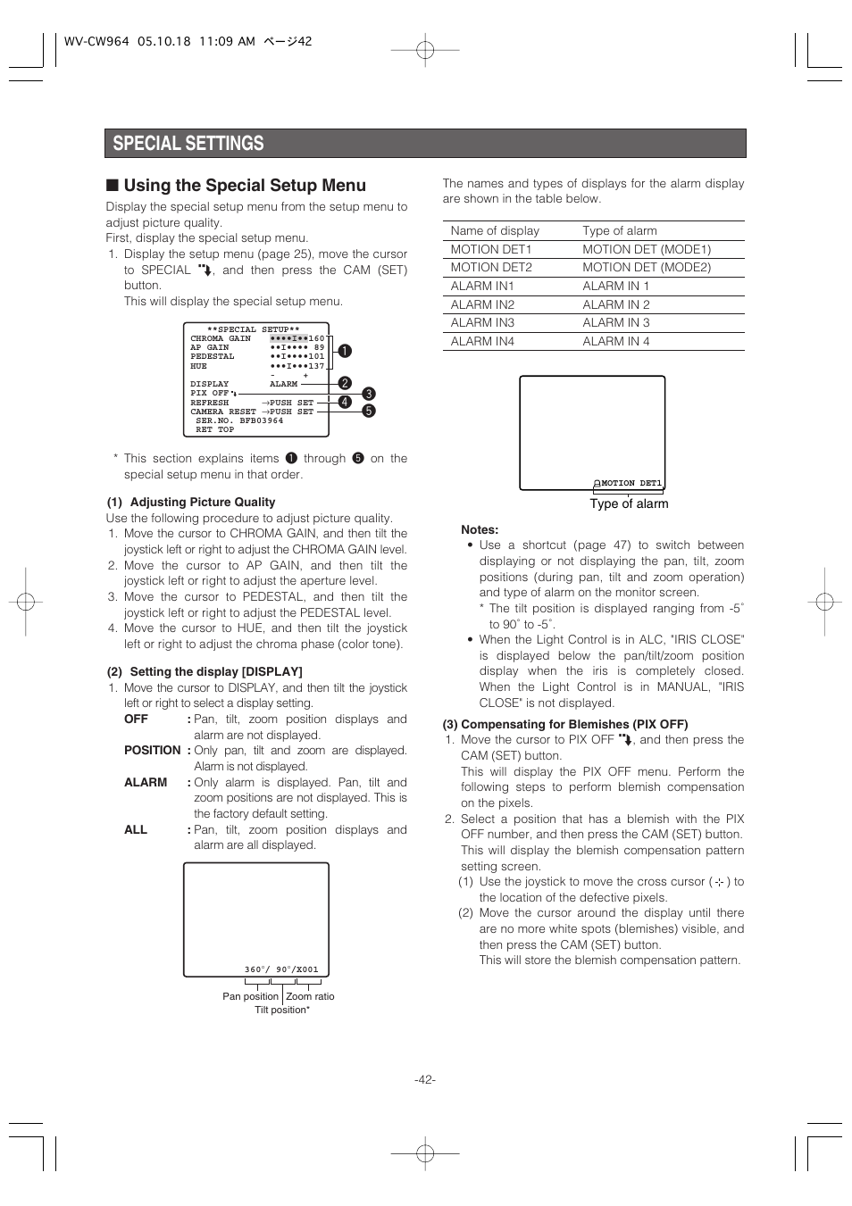 Special settings, Using the special setup menu | Panasonic WV-CW964 User Manual | Page 42 / 56