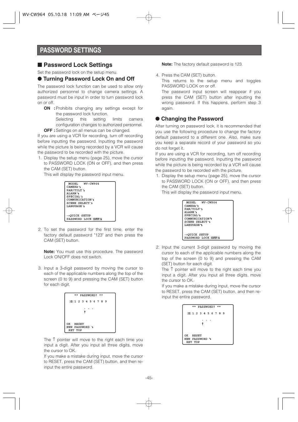 Password settings, Password lock settings, Turning password lock on and off | Changing the password | Panasonic WV-CW964 User Manual | Page 45 / 56