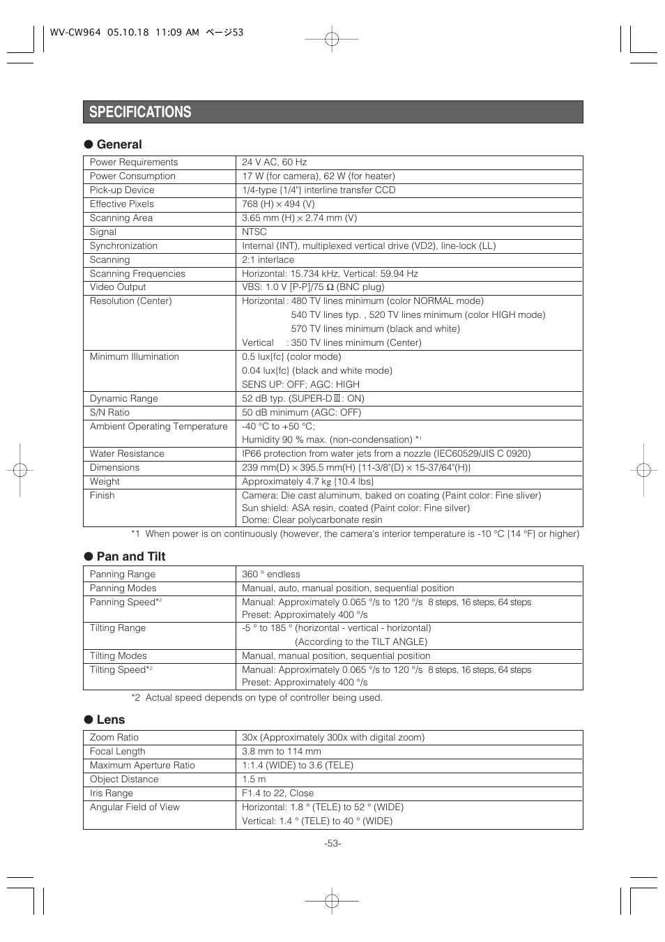 Specifications, General, Pan and tilt | Lens | Panasonic WV-CW964 User Manual | Page 53 / 56