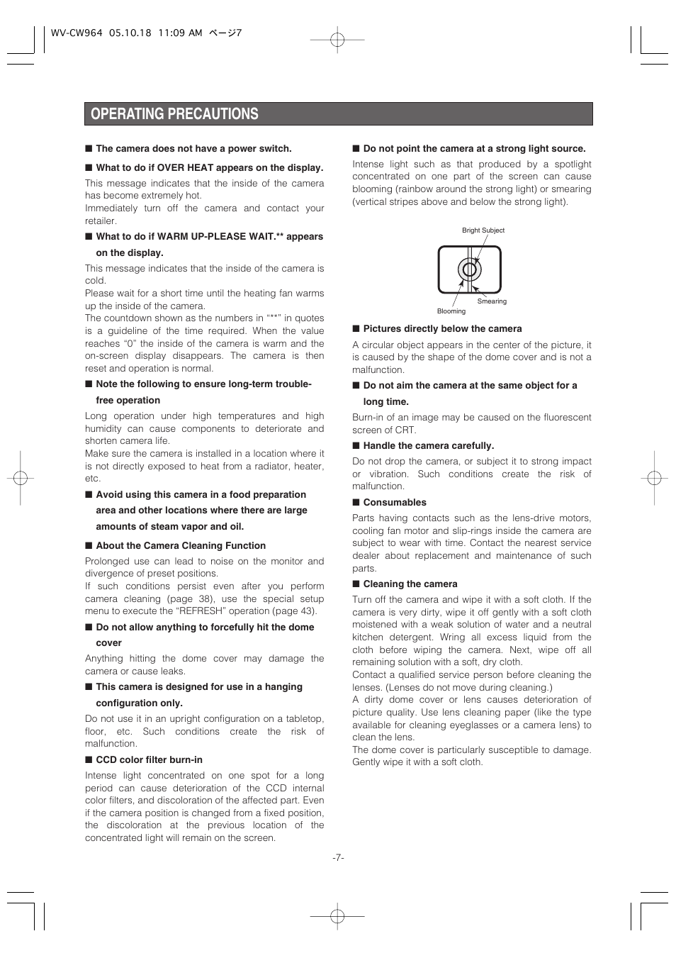 Operating precautions | Panasonic WV-CW964 User Manual | Page 7 / 56