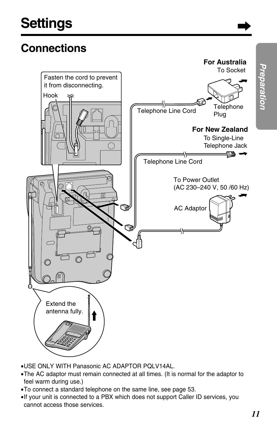 Settings, Connections, 11 preparation | Panasonic KX-TC1220NZW User Manual | Page 11 / 60