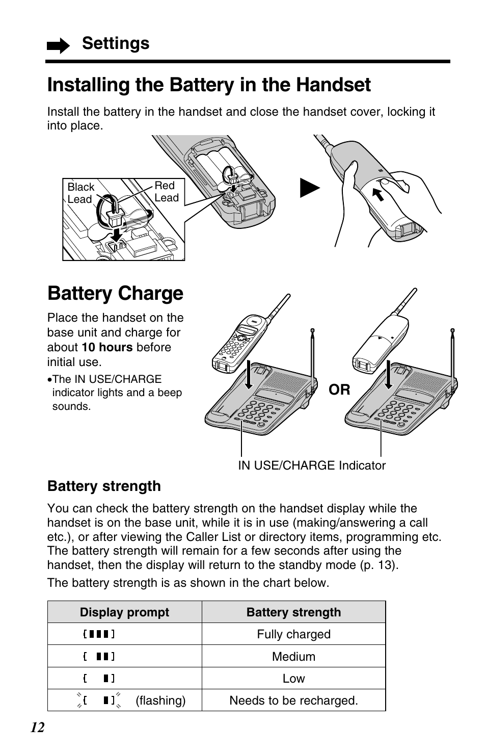 Battery charge, Installing the battery in the handset, Settings | Panasonic KX-TC1220NZW User Manual | Page 12 / 60