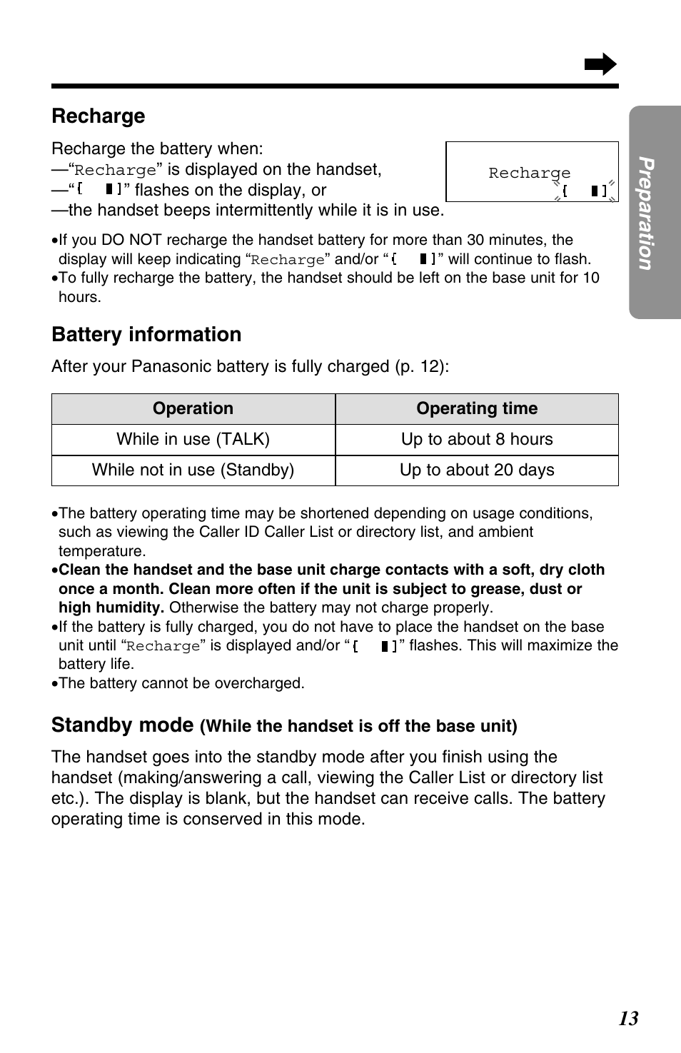 13 preparation, Battery information, Recharge | Standby mode | Panasonic KX-TC1220NZW User Manual | Page 13 / 60