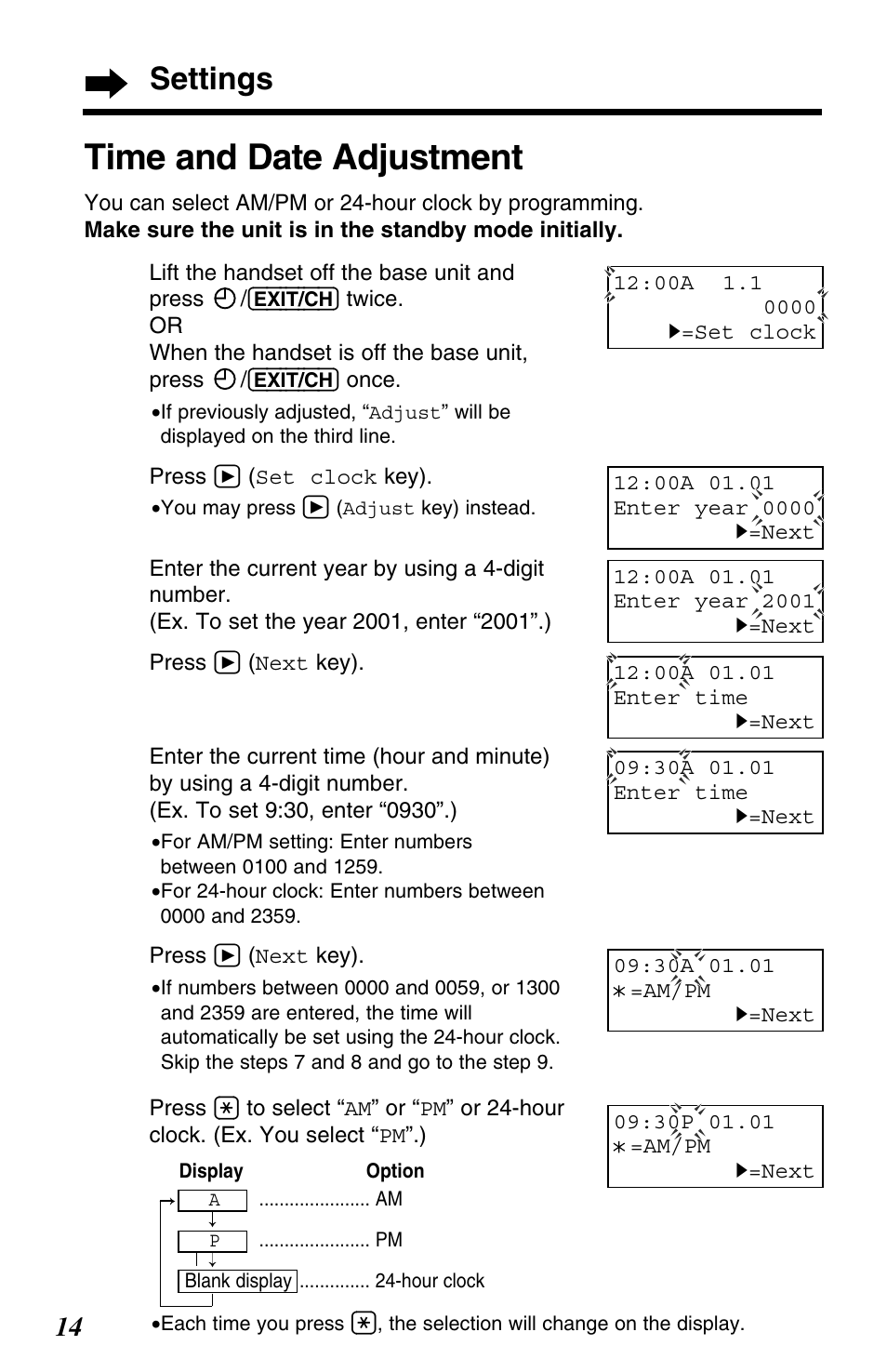 Time and date adjustment, Settings | Panasonic KX-TC1220NZW User Manual | Page 14 / 60