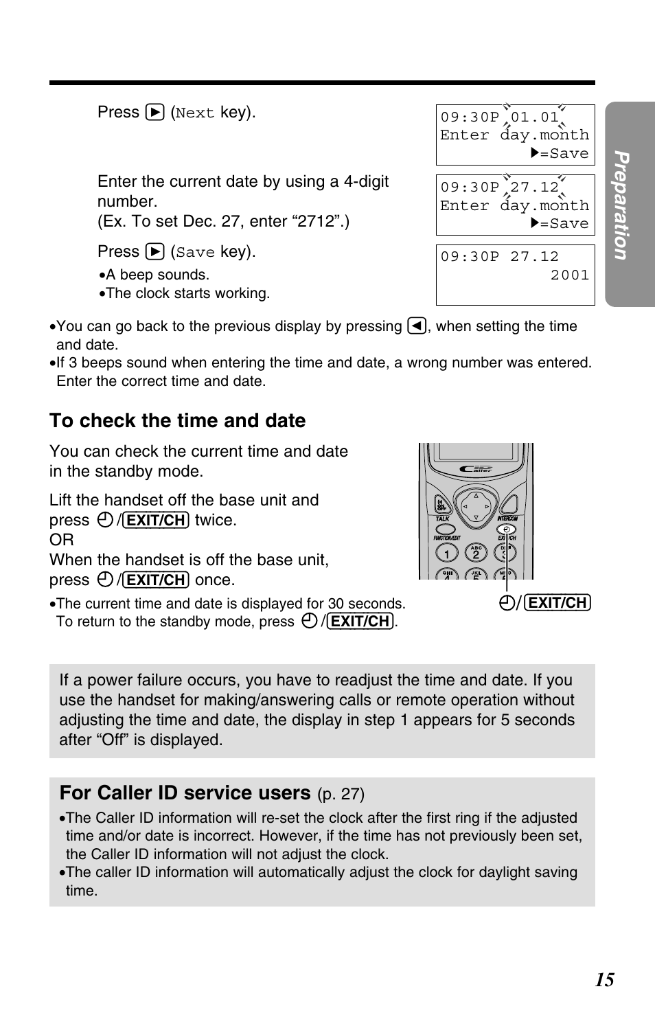 15 preparation, For caller id service users, Press | Next key), Save key), Once, P. 27) | Panasonic KX-TC1220NZW User Manual | Page 15 / 60