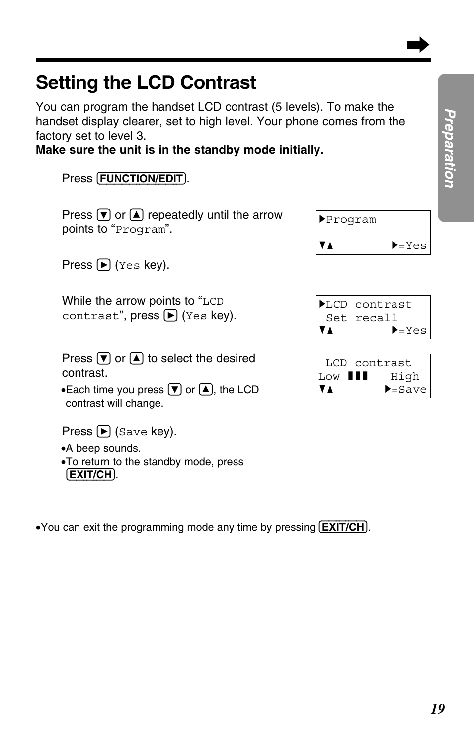 Setting the lcd contrast | Panasonic KX-TC1220NZW User Manual | Page 19 / 60