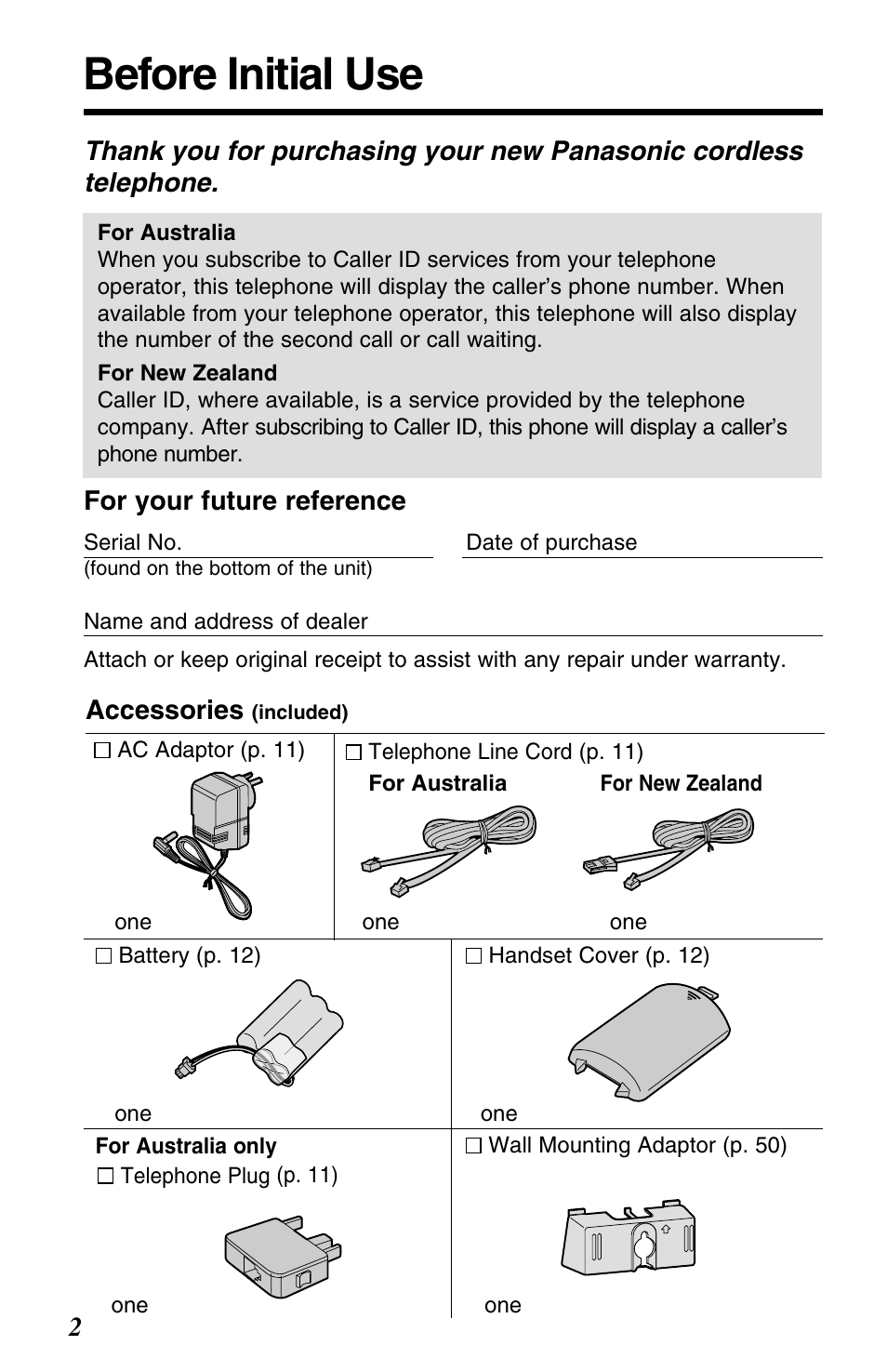 Before initial use | Panasonic KX-TC1220NZW User Manual | Page 2 / 60