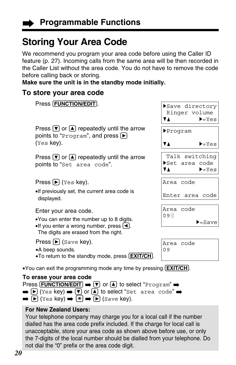 Storing your area code, Programmable functions | Panasonic KX-TC1220NZW User Manual | Page 20 / 60