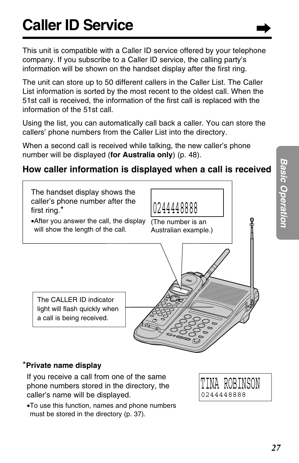 Tina robinson, Caller id service | Panasonic KX-TC1220NZW User Manual | Page 27 / 60