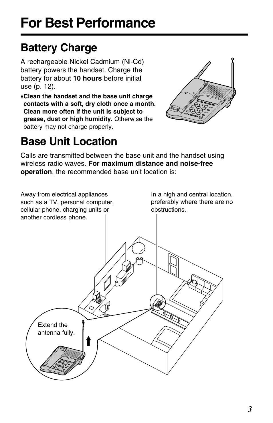 For best performance, Battery charge, Base unit location | Panasonic KX-TC1220NZW User Manual | Page 3 / 60