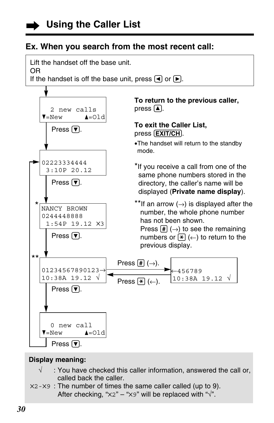 Using the caller list, Ex. when you search from the most recent call | Panasonic KX-TC1220NZW User Manual | Page 30 / 60