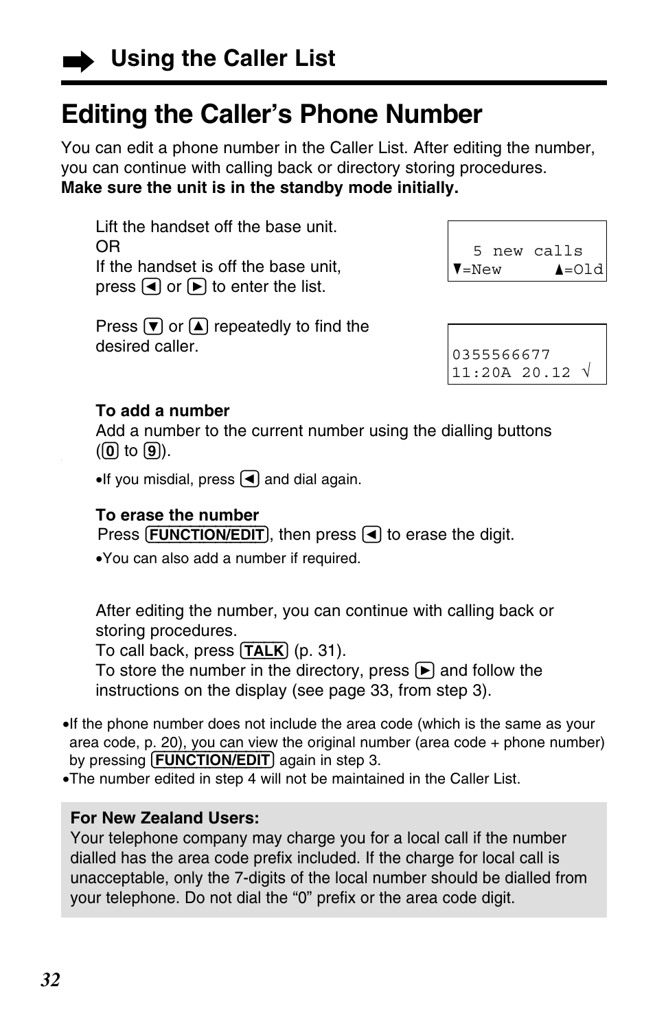 Editing the caller’s phone number, Using the caller list | Panasonic KX-TC1220NZW User Manual | Page 32 / 60