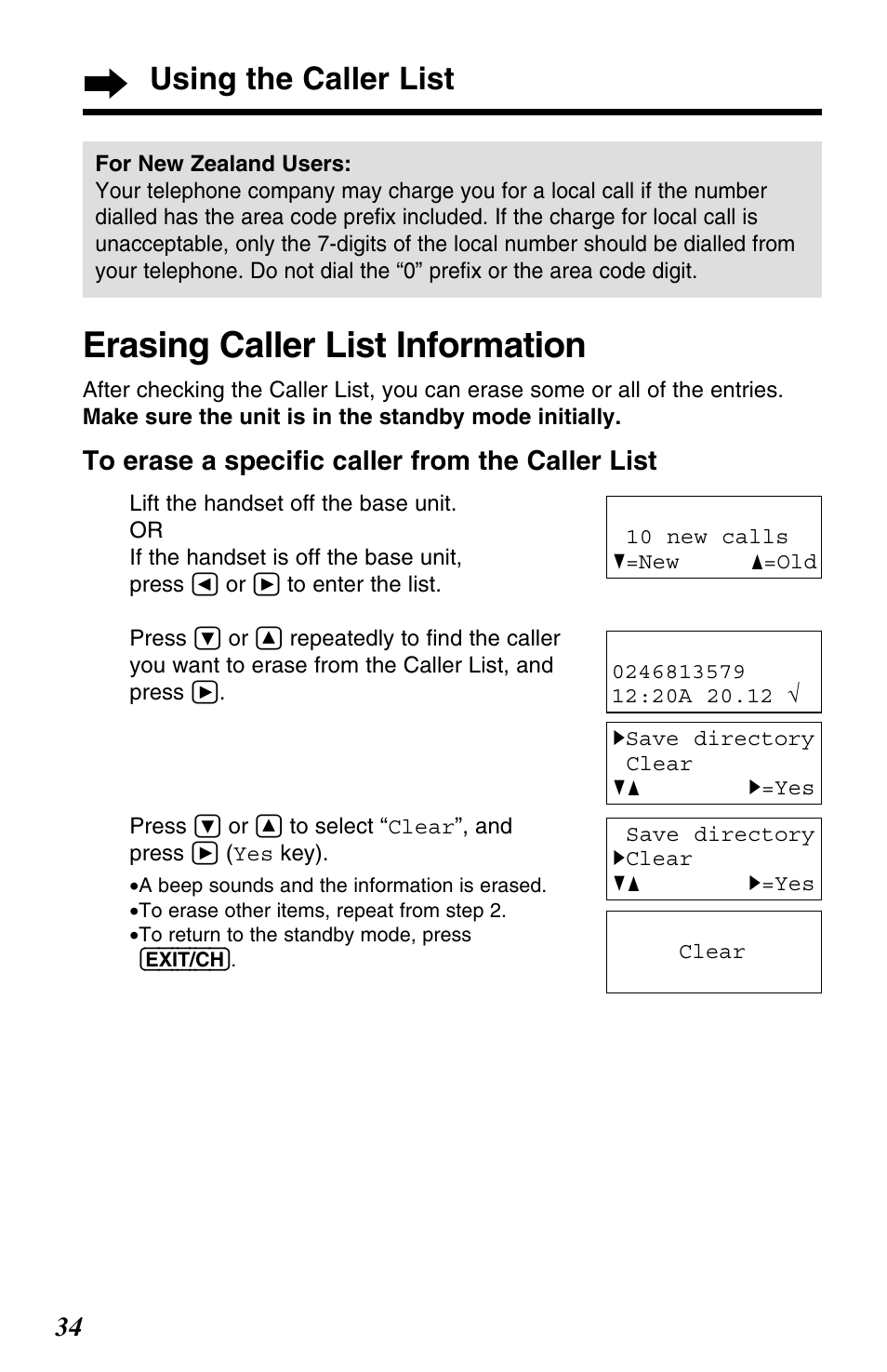 Erasing caller list information, Using the caller list | Panasonic KX-TC1220NZW User Manual | Page 34 / 60