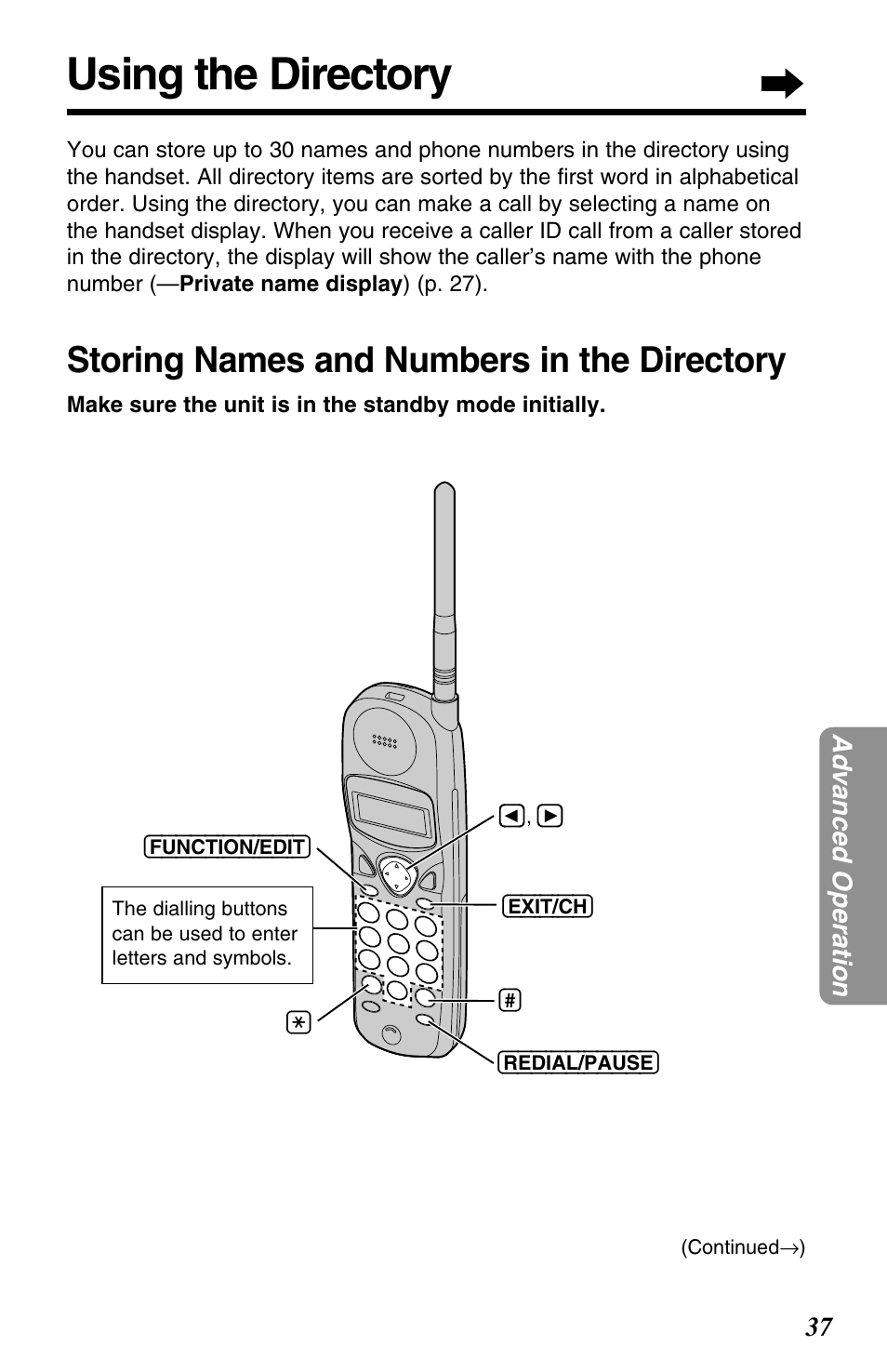 Using the directory, Storing names and numbers in the directory | Panasonic KX-TC1220NZW User Manual | Page 37 / 60