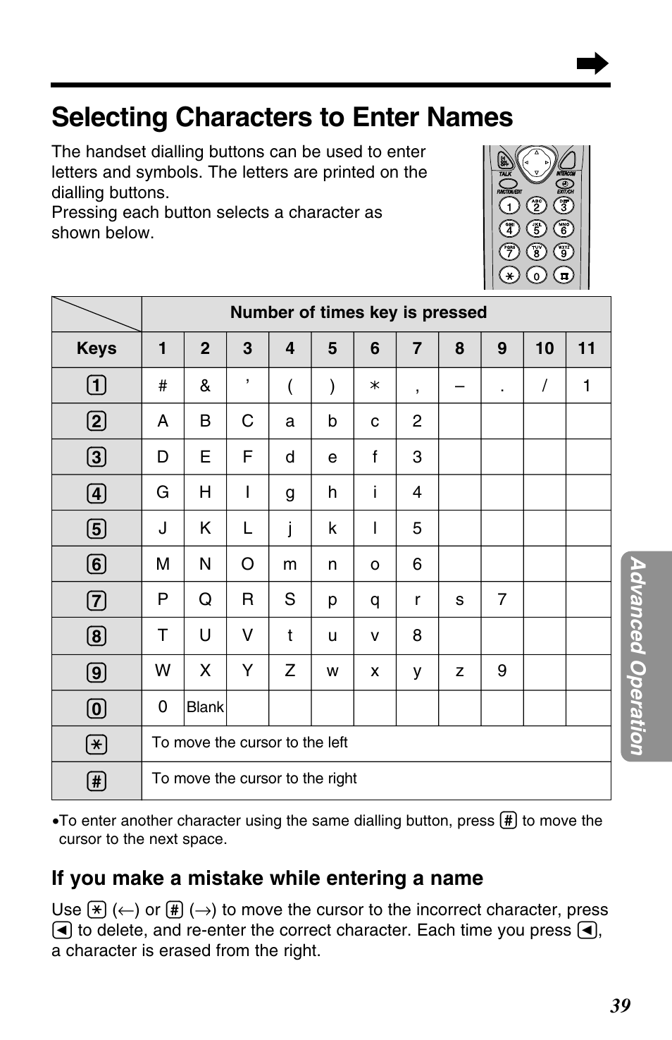 Selecting characters to enter names, 39 advanced operation, If you make a mistake while entering a name | Panasonic KX-TC1220NZW User Manual | Page 39 / 60