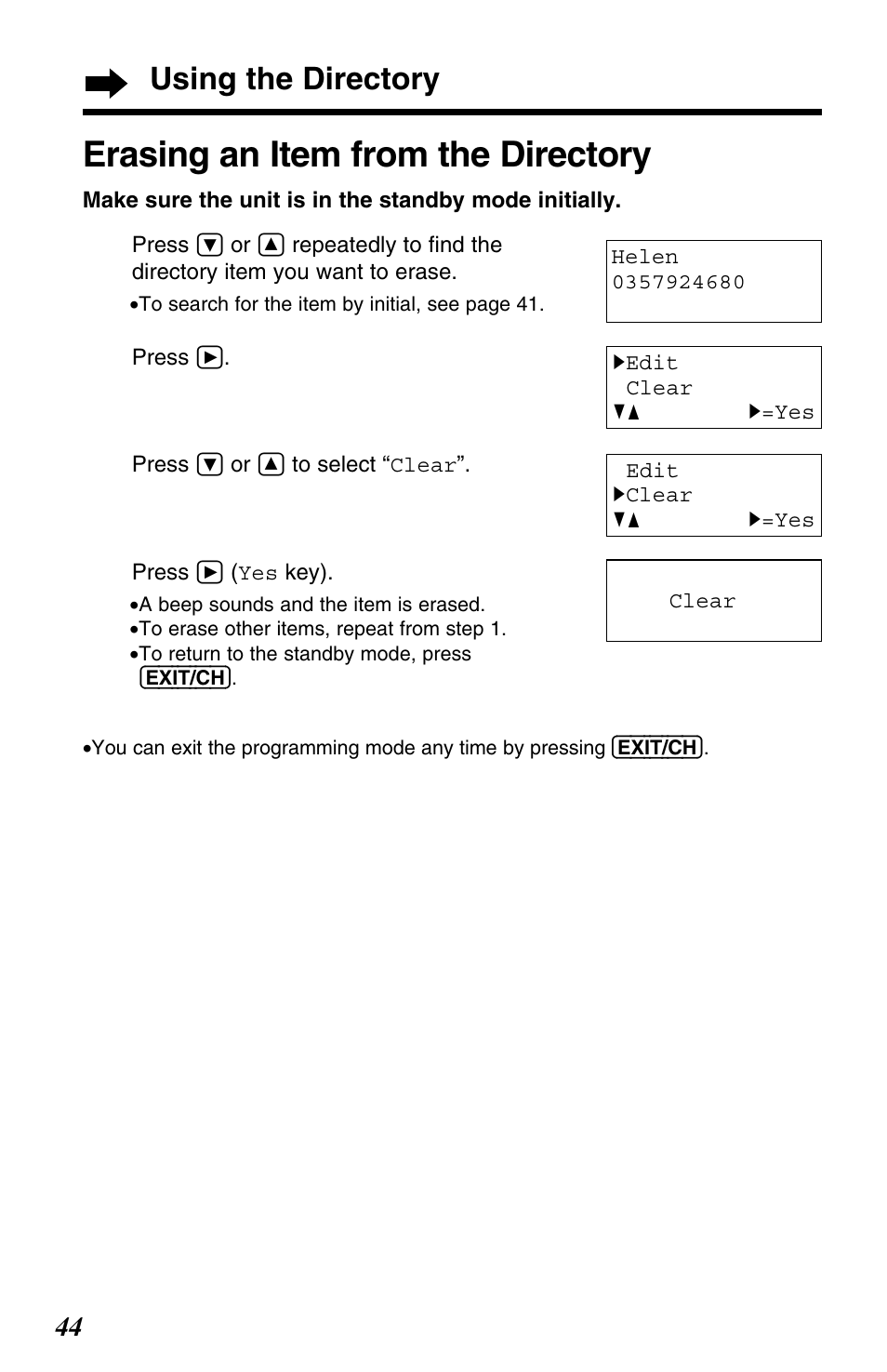 Erasing an item from the directory, Using the directory | Panasonic KX-TC1220NZW User Manual | Page 44 / 60