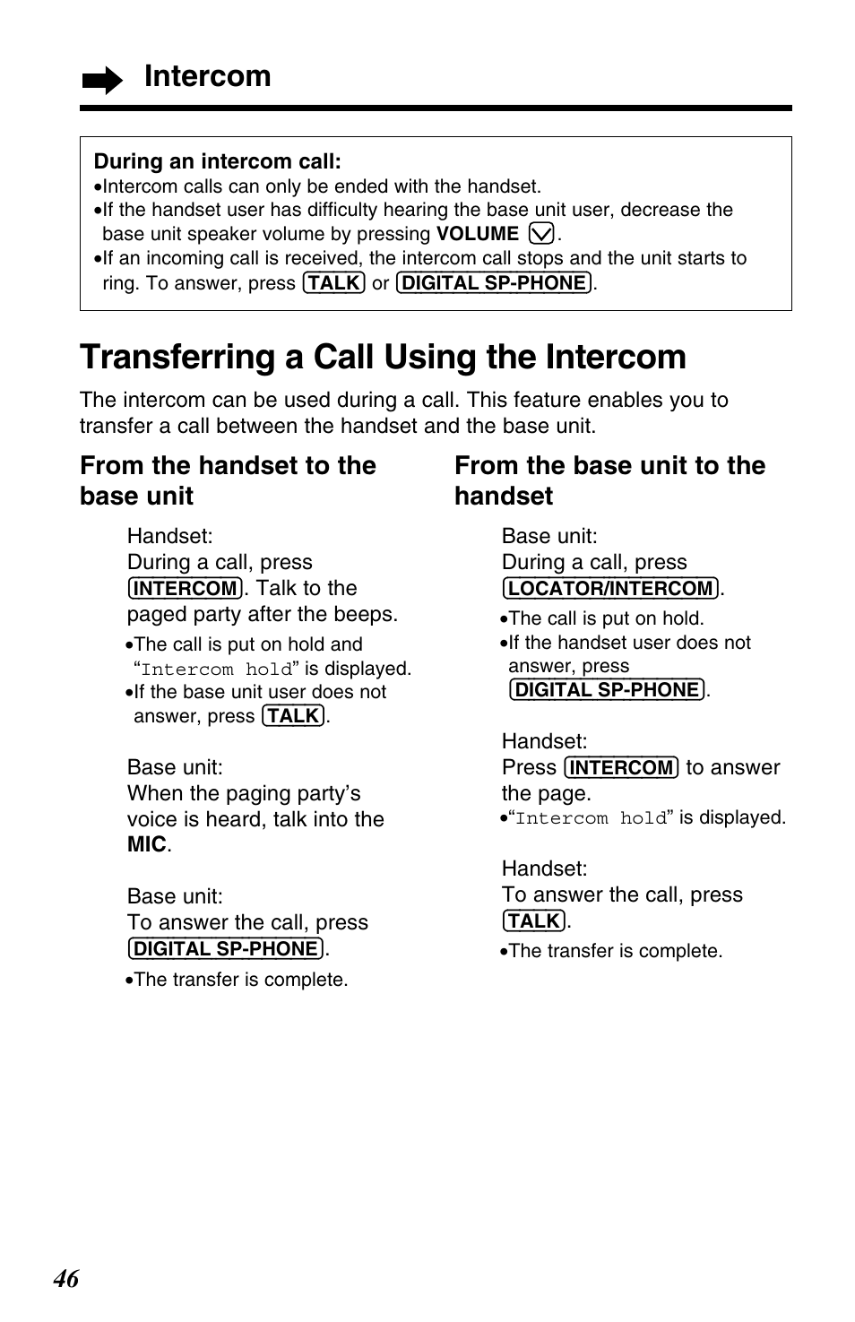 Transferring a call using the intercom, Intercom | Panasonic KX-TC1220NZW User Manual | Page 46 / 60