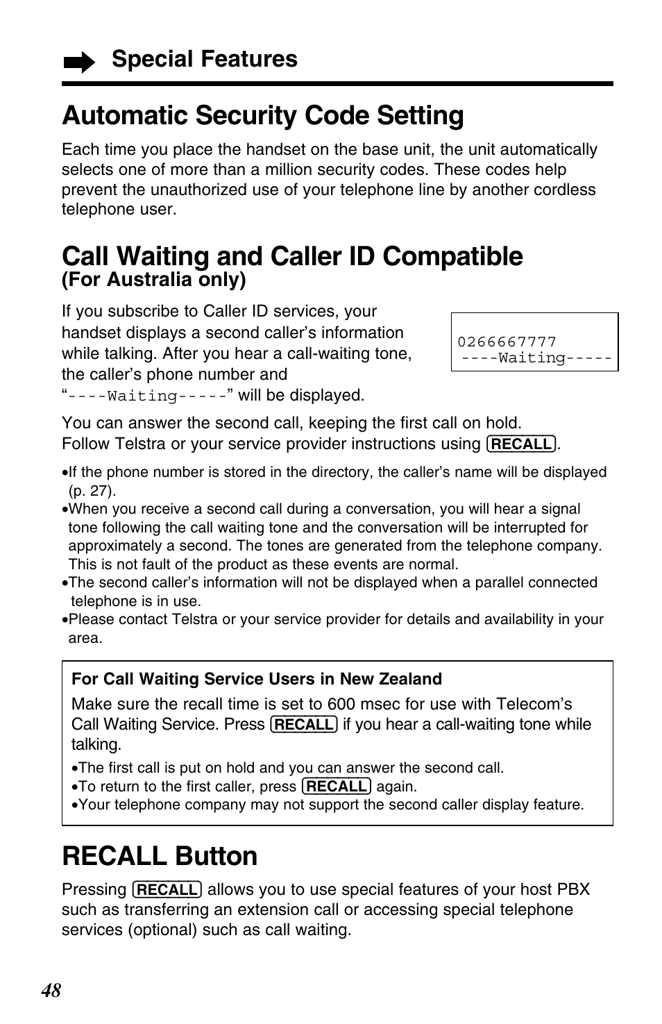 Recall button, Automatic security code setting, Call waiting and caller id compatible | Special features, For australia only) | Panasonic KX-TC1220NZW User Manual | Page 48 / 60