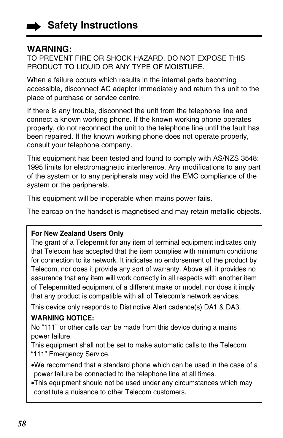 Safety instructions, 58 warning | Panasonic KX-TC1220NZW User Manual | Page 58 / 60