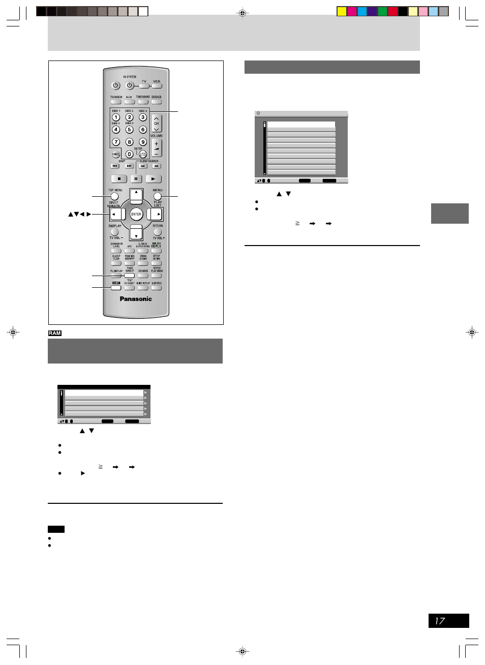 Playing the programs or play lists on dvd-ram, Using the play list menu, Selecting a program to play — direct navigator | 10hbi, 10hbi disc operations | Panasonic SC-HT670 User Manual | Page 17 / 36