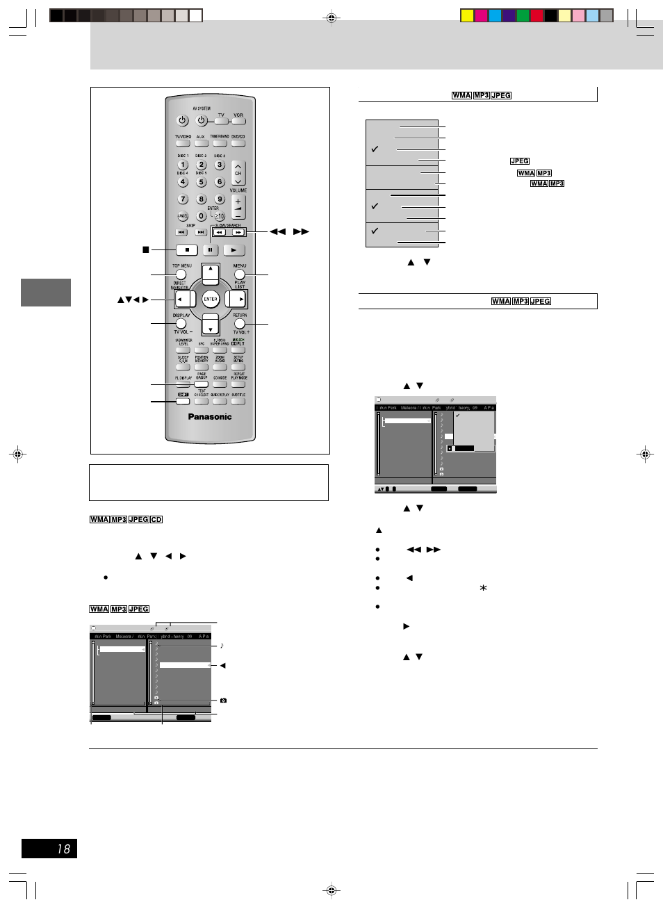 Wma / mp3, jpeg and cd text navigation menus, Wma/mp3, jpeg and cd text navigation menus, Before | Before disc operations | Panasonic SC-HT670 User Manual | Page 18 / 36