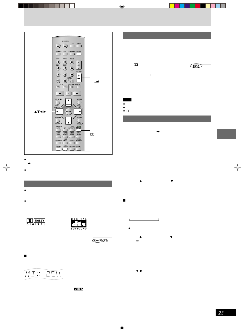 Sound field / sound quality operations, Sound field, Sound fields | Dolby digital and dts, Dolby pro logic ii, Speaker level adjustments | Panasonic SC-HT670 User Manual | Page 23 / 36