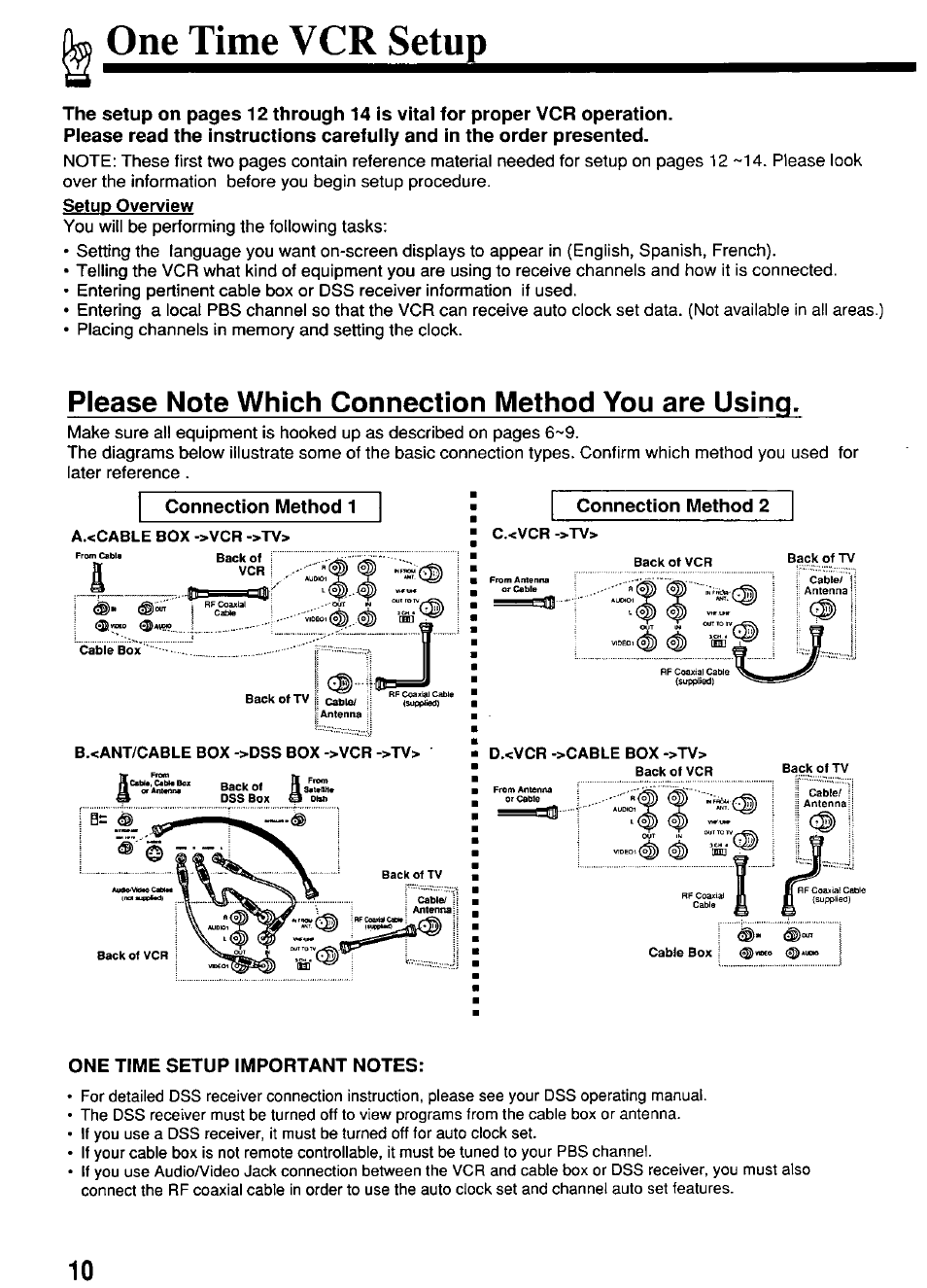 Please note which connection method you are using, One time setup important notes, One time vcr setup | Panasonic PV-4664 User Manual | Page 10 / 40