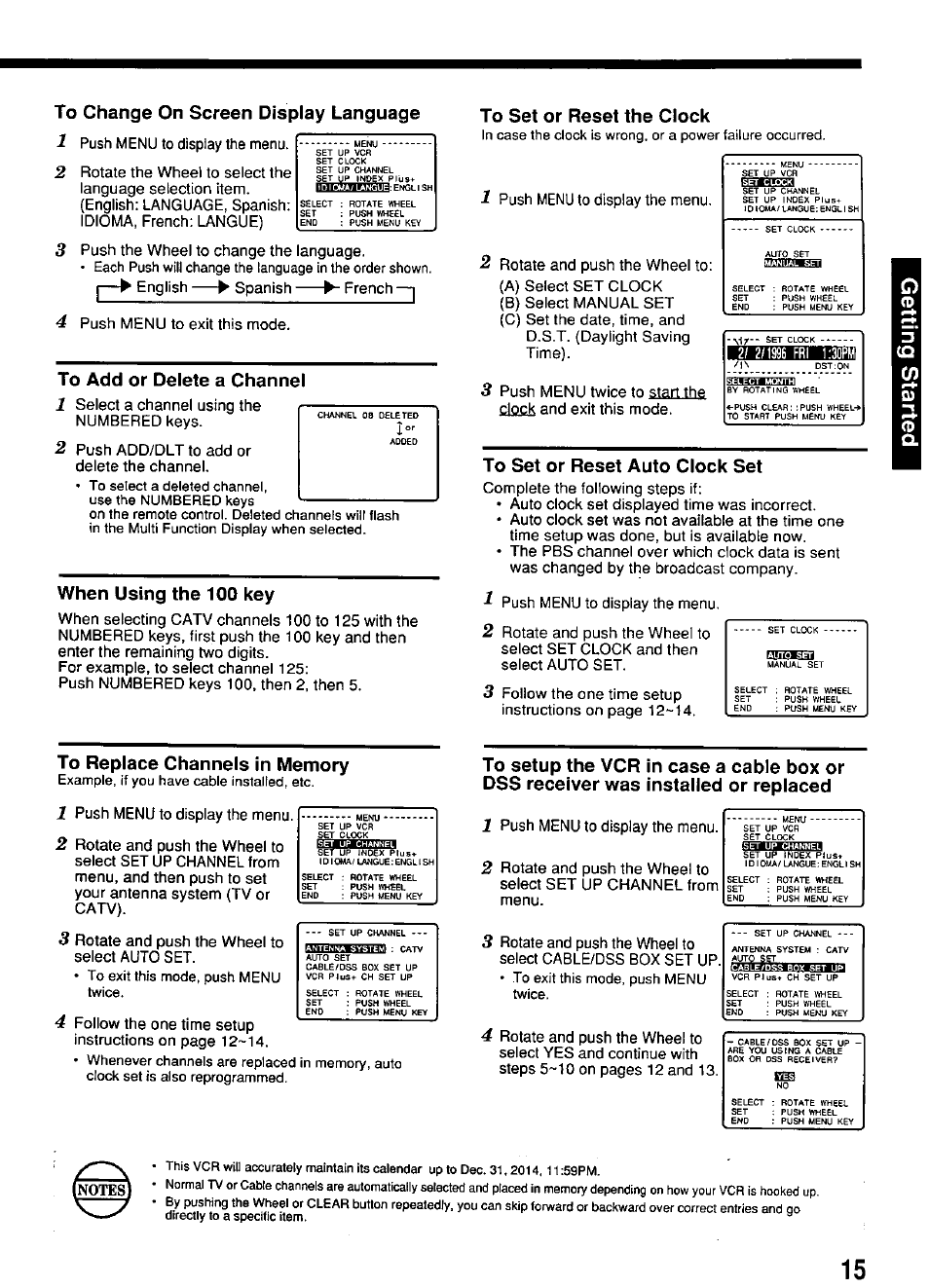 To change on screen display language 1, To add or delete a channel, When using the 100 key | To set or reset the clock, To set or reset auto clock set, Fjiw.grsi, To replace channels in memory | Panasonic PV-4664 User Manual | Page 15 / 40