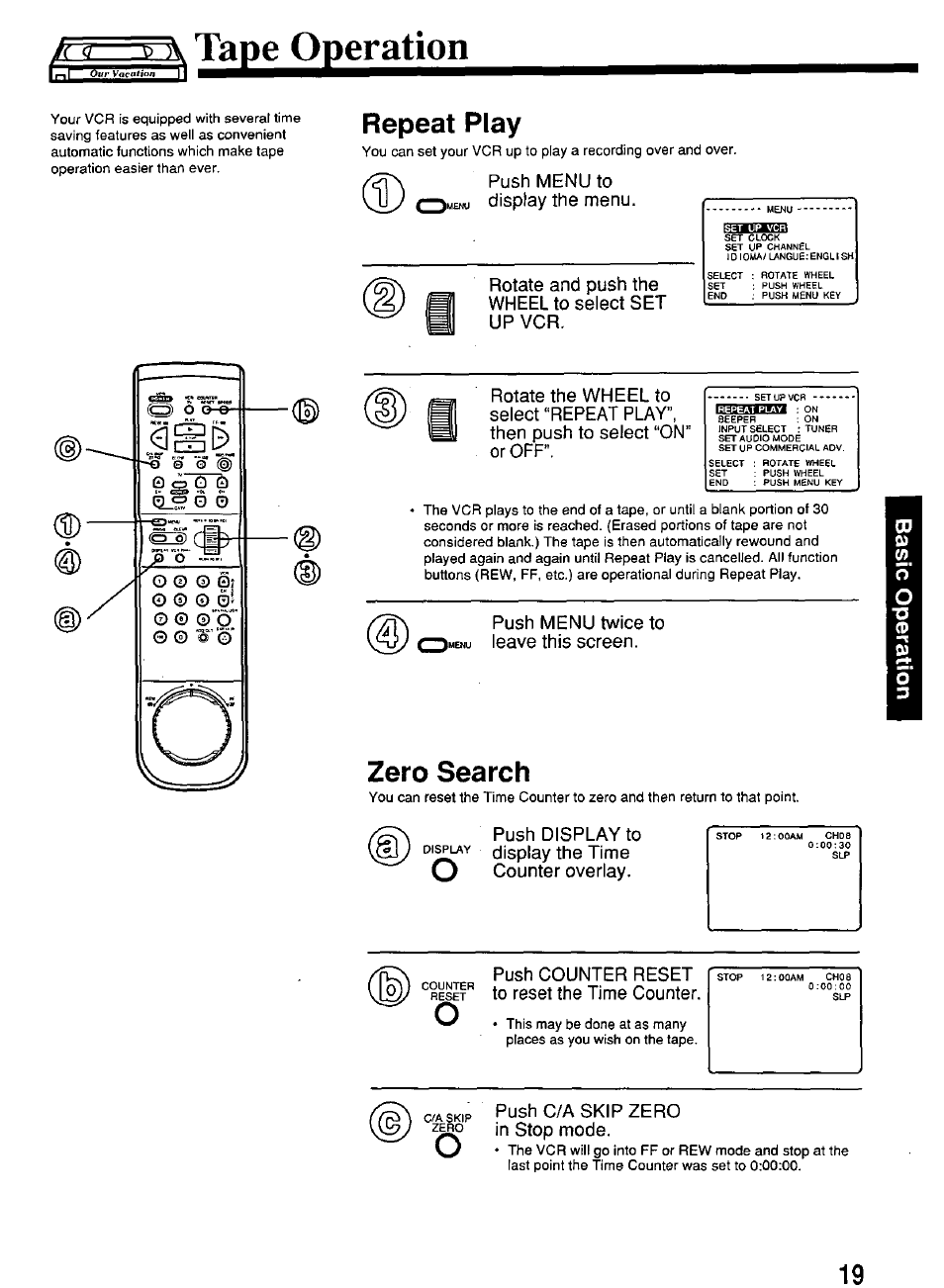 Repeat play, Zero search, Tape operation | Panasonic PV-4664 User Manual | Page 19 / 40