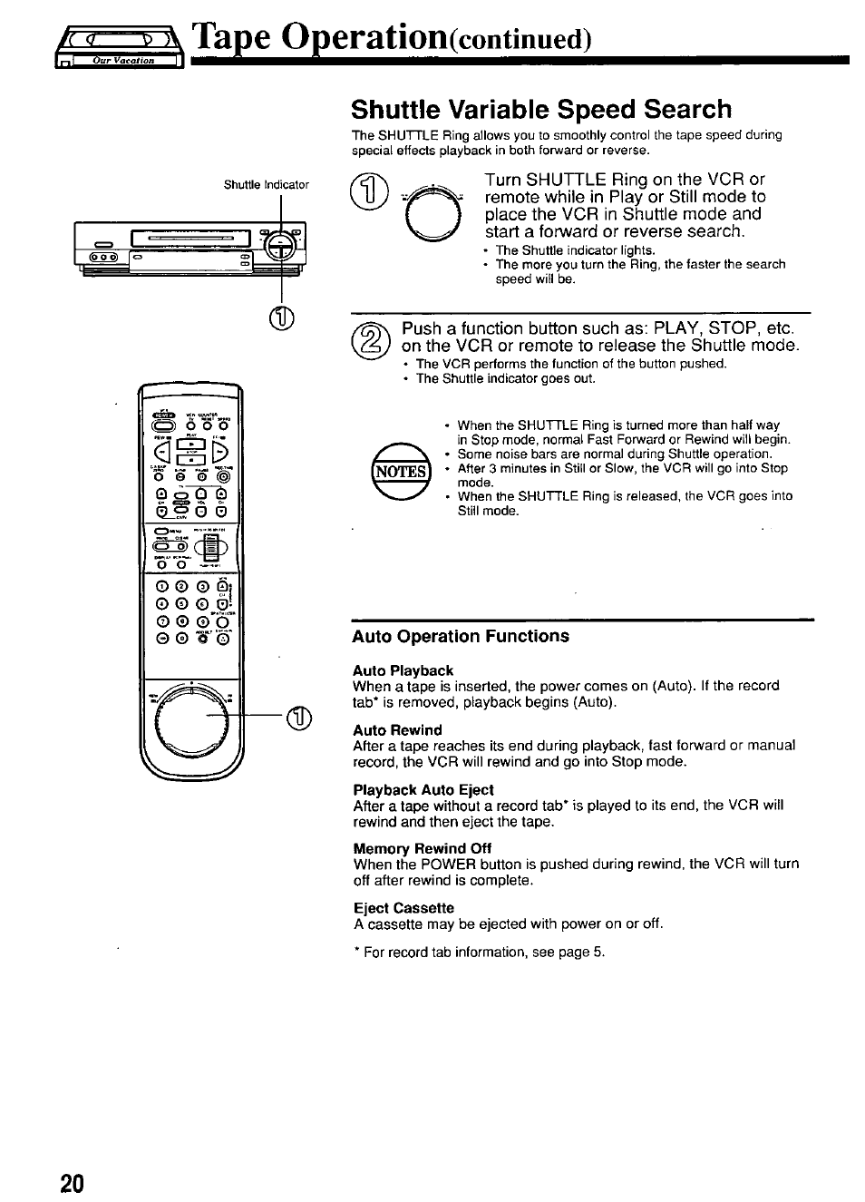 Shuttle variable speed search, Auto operation functions, Auto playback | Auto rewind, Playback auto eject, Tape operation(continued) | Panasonic PV-4664 User Manual | Page 20 / 40