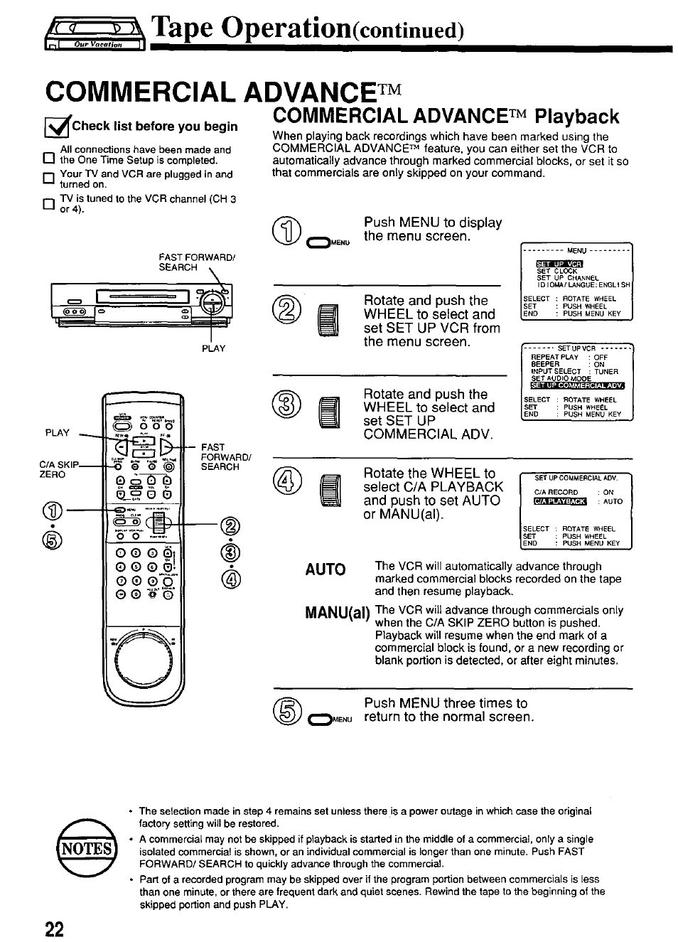 Commercial, Advance, Commercial advance™ playback | Tape qperation(continued), Auto, Manuiah | Panasonic PV-4664 User Manual | Page 22 / 40