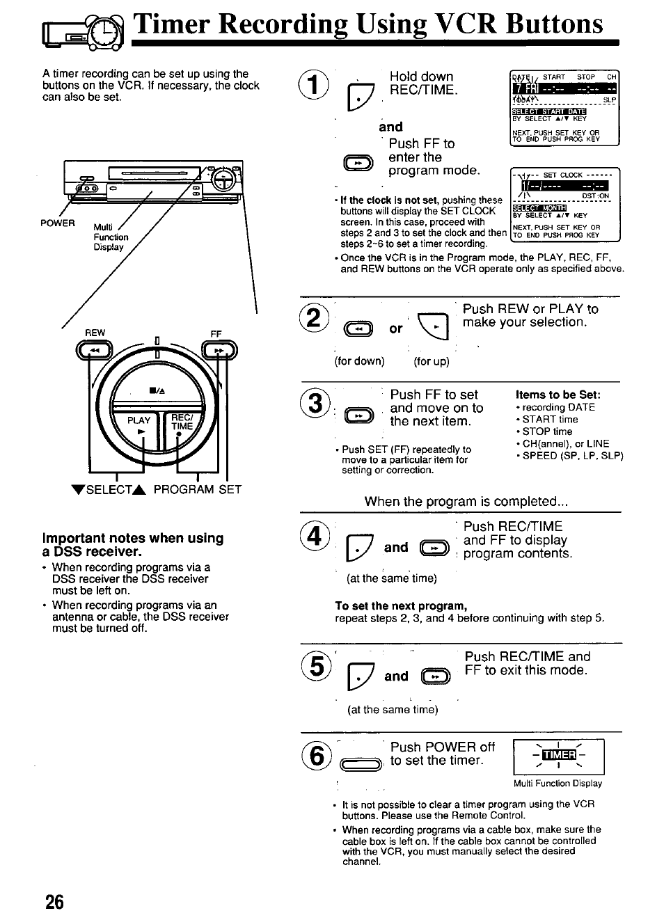 Timer recording using vcr buttons, Important notes when using a dss receiver, Items to be set | 77 and q), To set the next program, F7 and q), 3 qj.' i | Panasonic PV-4664 User Manual | Page 26 / 40