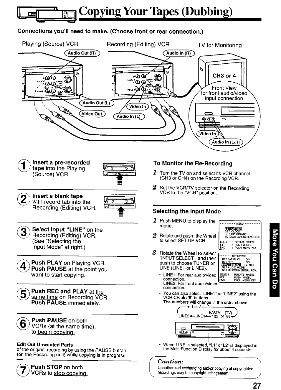 Insert a blank tape, Select input “line” on the, Push rec and play at the | Edit out unwanted parts, To monitor the re-recording, Selecting the input mode, Caution | Panasonic PV-4664 User Manual | Page 27 / 40