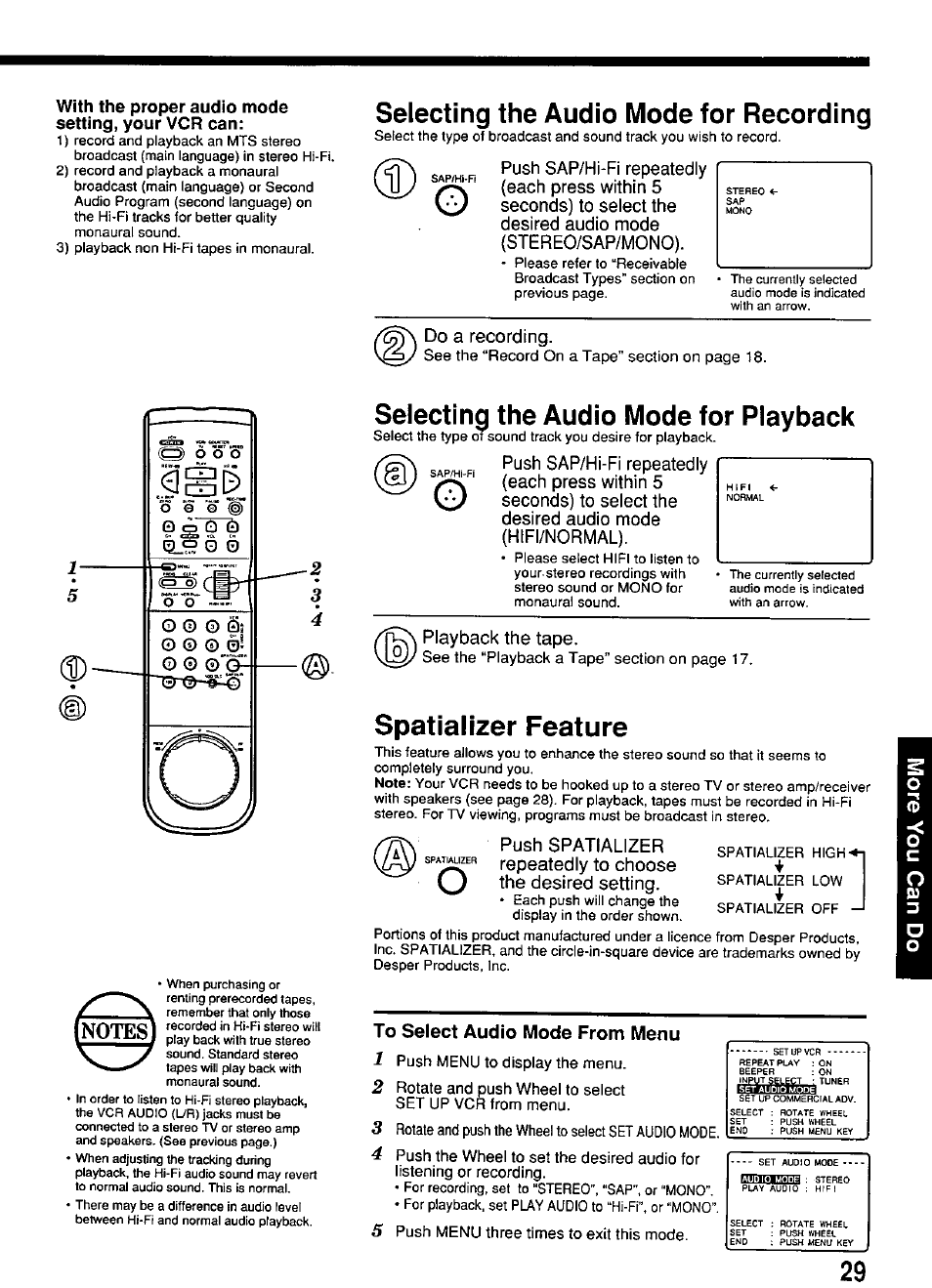 Selecting the audio mode for recording, Selecting the audio mode for playback, Spatializer feature | To select audio mode from menu | Panasonic PV-4664 User Manual | Page 29 / 40