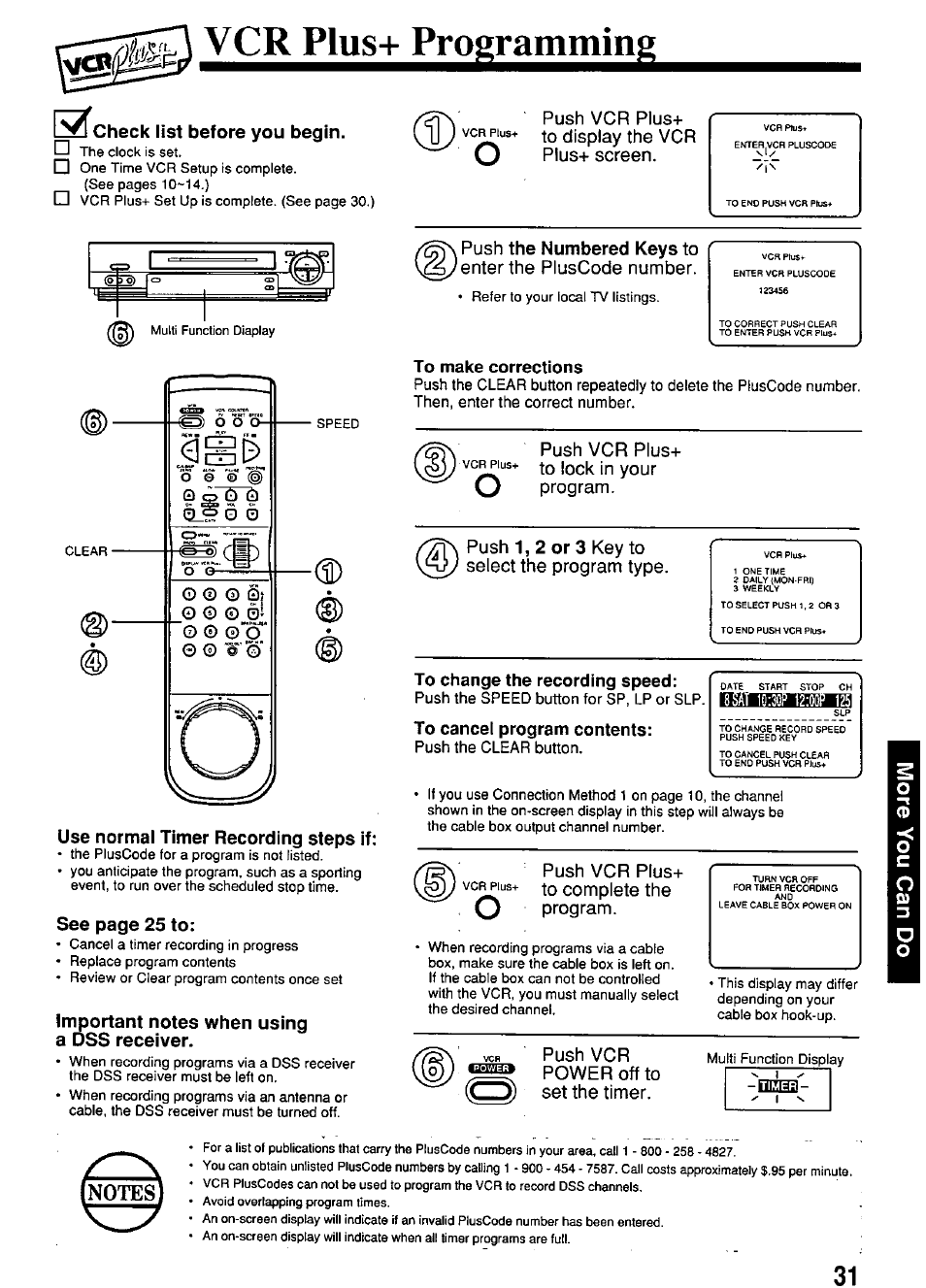 Vcr plus+ programming, Check list before you begin, Use normal timer recording steps if | Important notes when using, A dss receiver, Push the numbered keys to | Panasonic PV-4664 User Manual | Page 31 / 40
