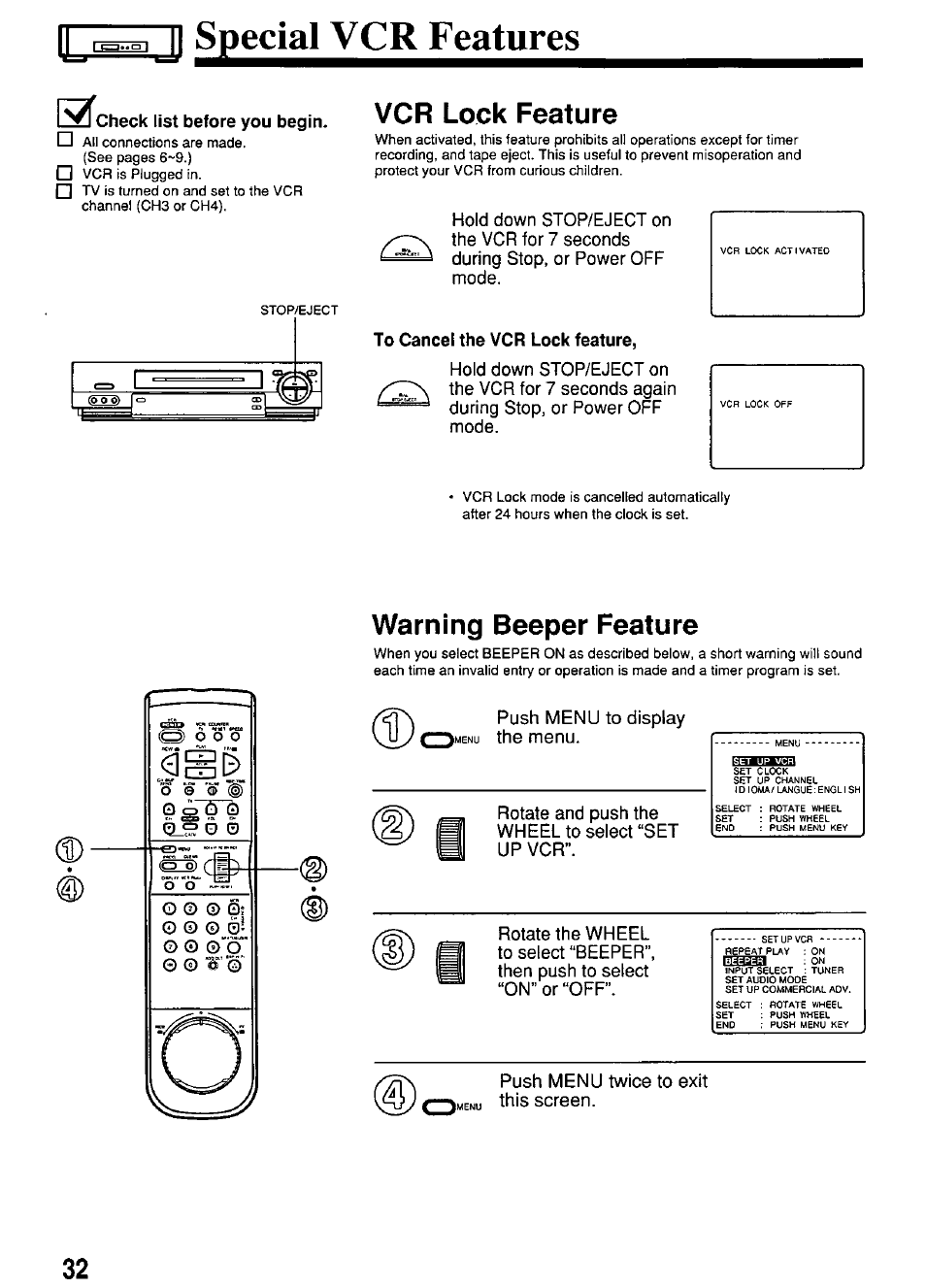 Ij_r^^ ji special vcr features, Check list before you begin, Vcr lock feature | To cancel the vcr lock feature, Warning beeper feature | Panasonic PV-4664 User Manual | Page 32 / 40