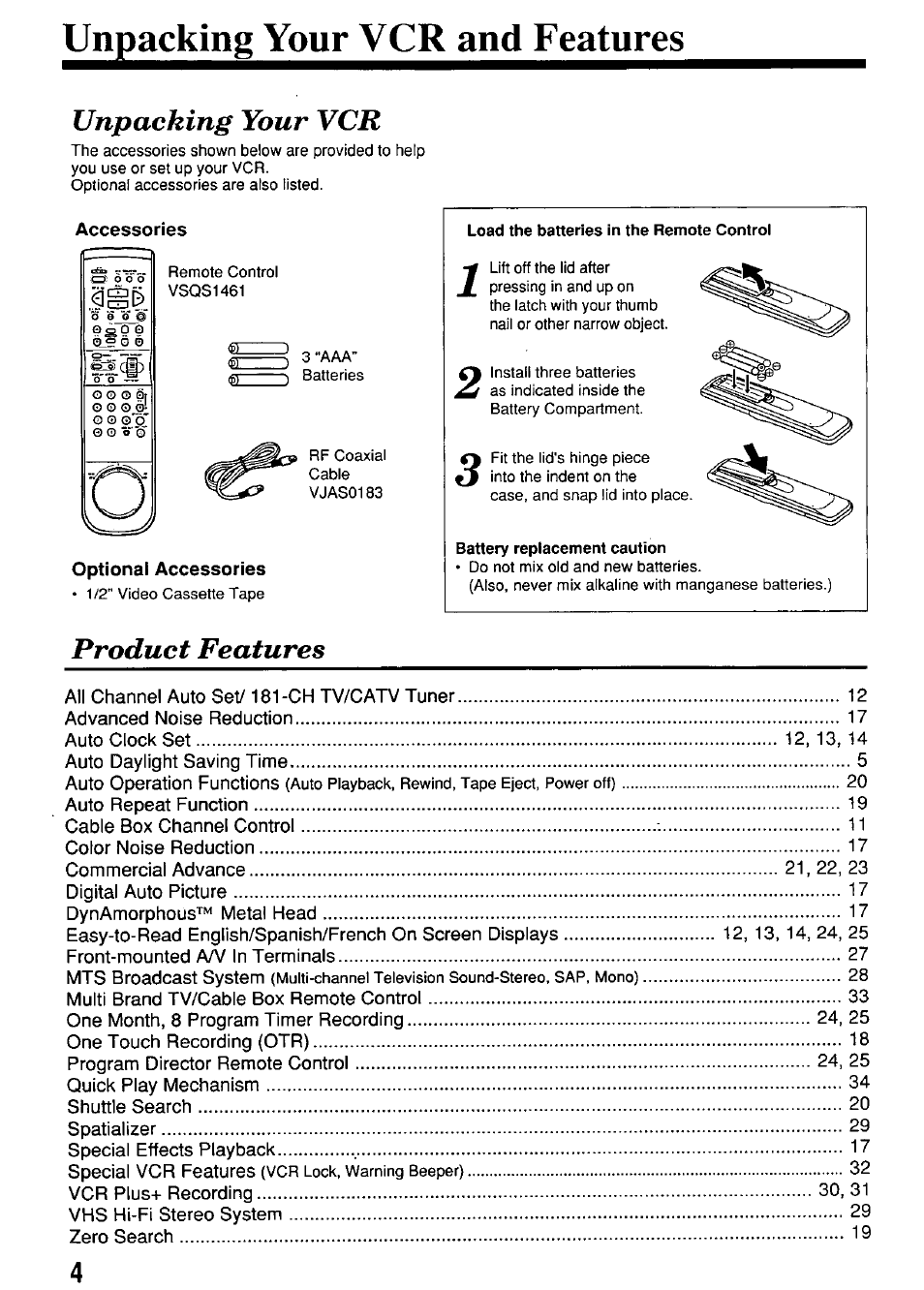 Unpacking your vcr and features, Unpacking your vcr, Product features | Panasonic PV-4664 User Manual | Page 4 / 40
