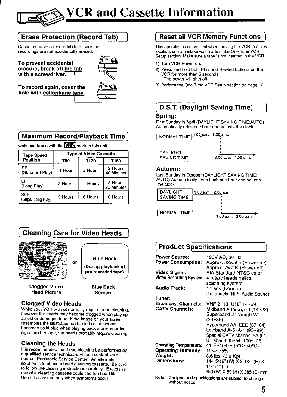 Vcr and cassette information, Clogged video head picture, Blue back | Blue back screen, Clogged video heads, Cleaning the heads, Spring, Autumn, Power source, Video signal | Panasonic PV-4664 User Manual | Page 5 / 40