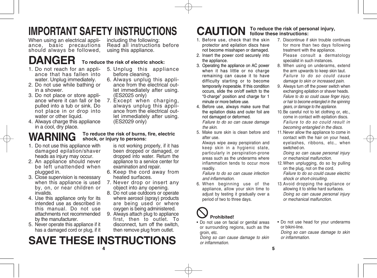 Important safety instructions warning, Danger, Caution | Save these instructions | Panasonic ES2029 User Manual | Page 3 / 12