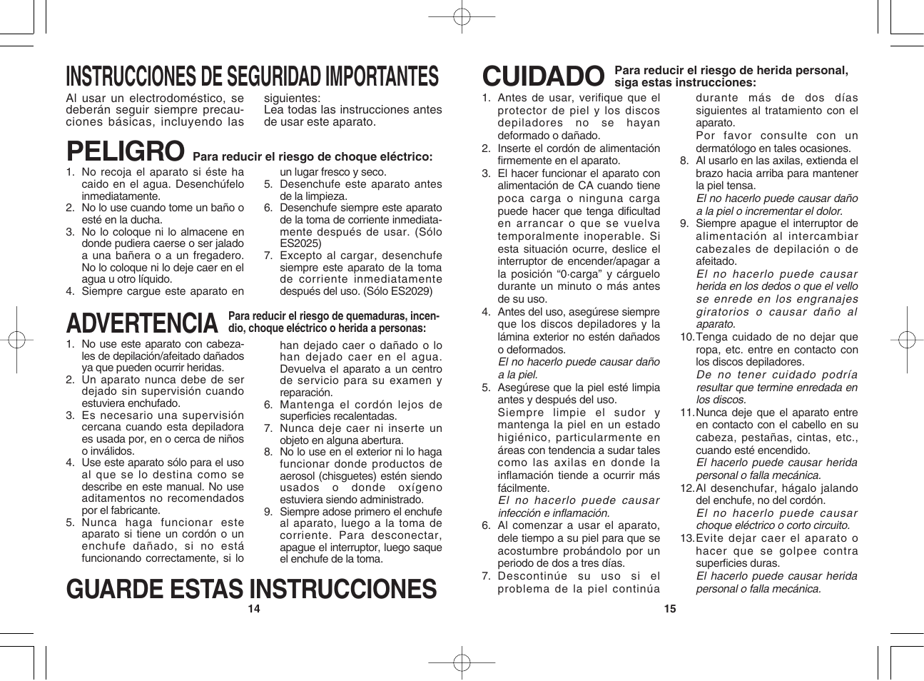 Instrucciones de seguridad importantes advertencia, Peligro, Cuidado | Guarde estas instrucciones | Panasonic ES2029 User Manual | Page 8 / 12