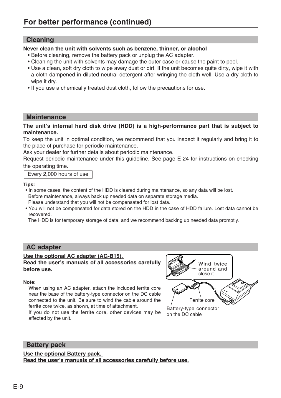 Cleaning, Maintenance, Ac adapter | Battery pack, For better performance (continued), Ac adapter cleaning | Panasonic AJ-PCS060G User Manual | Page 10 / 96